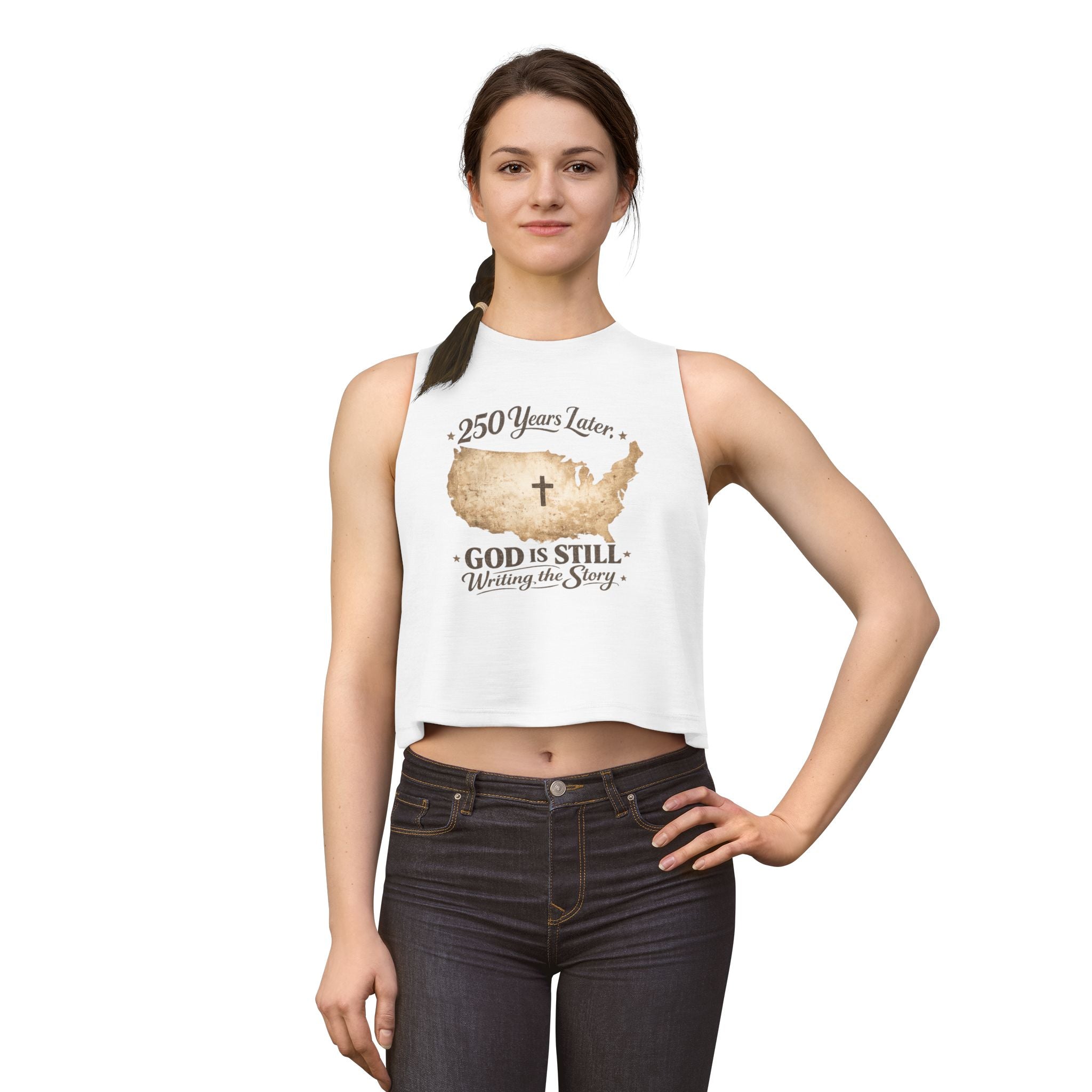 Christian Crop Top — "250 Years Later, God Is Still Writing the Story" USA Map Faith Tank