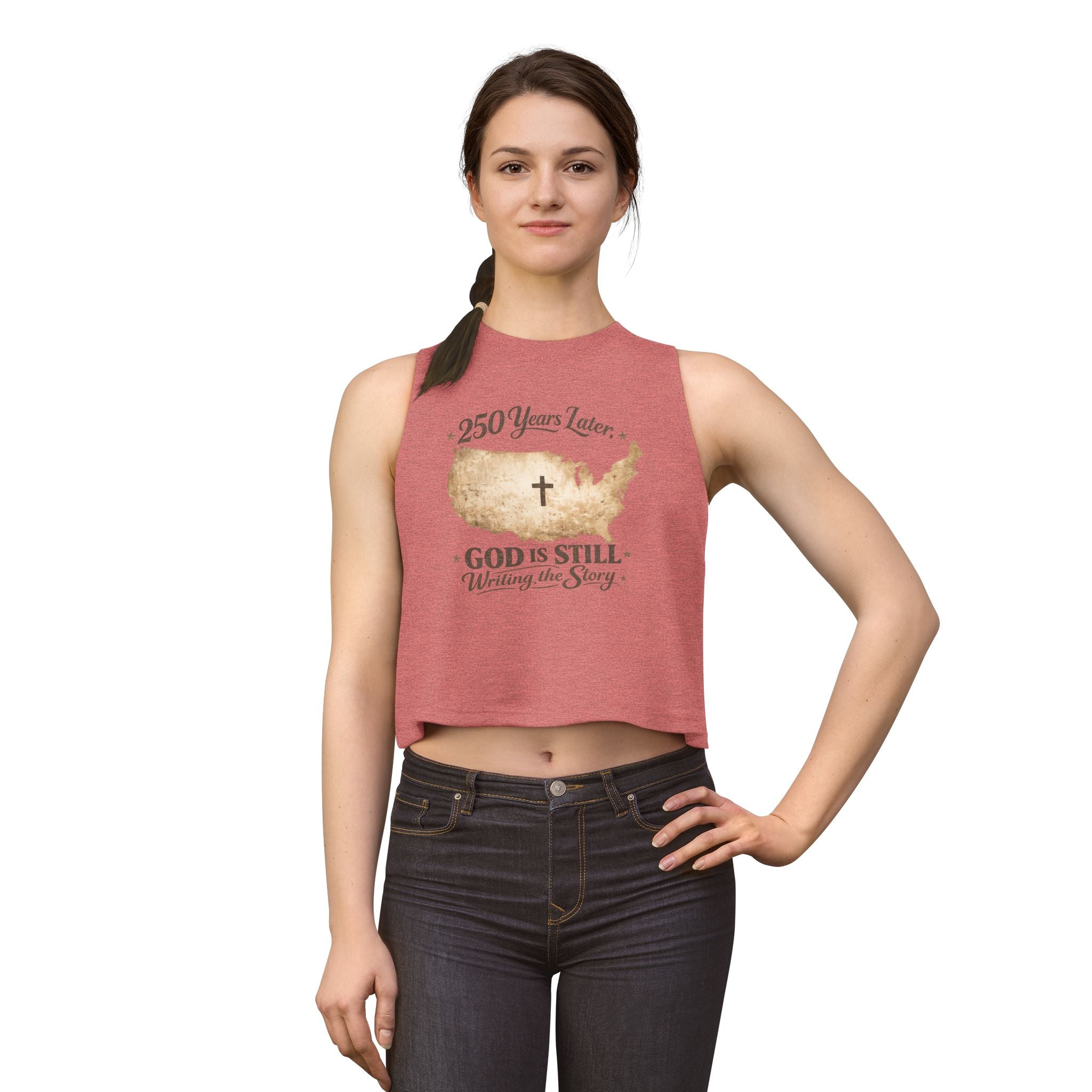 Christian Crop Top — "250 Years Later, God Is Still Writing the Story" USA Map Faith Tank