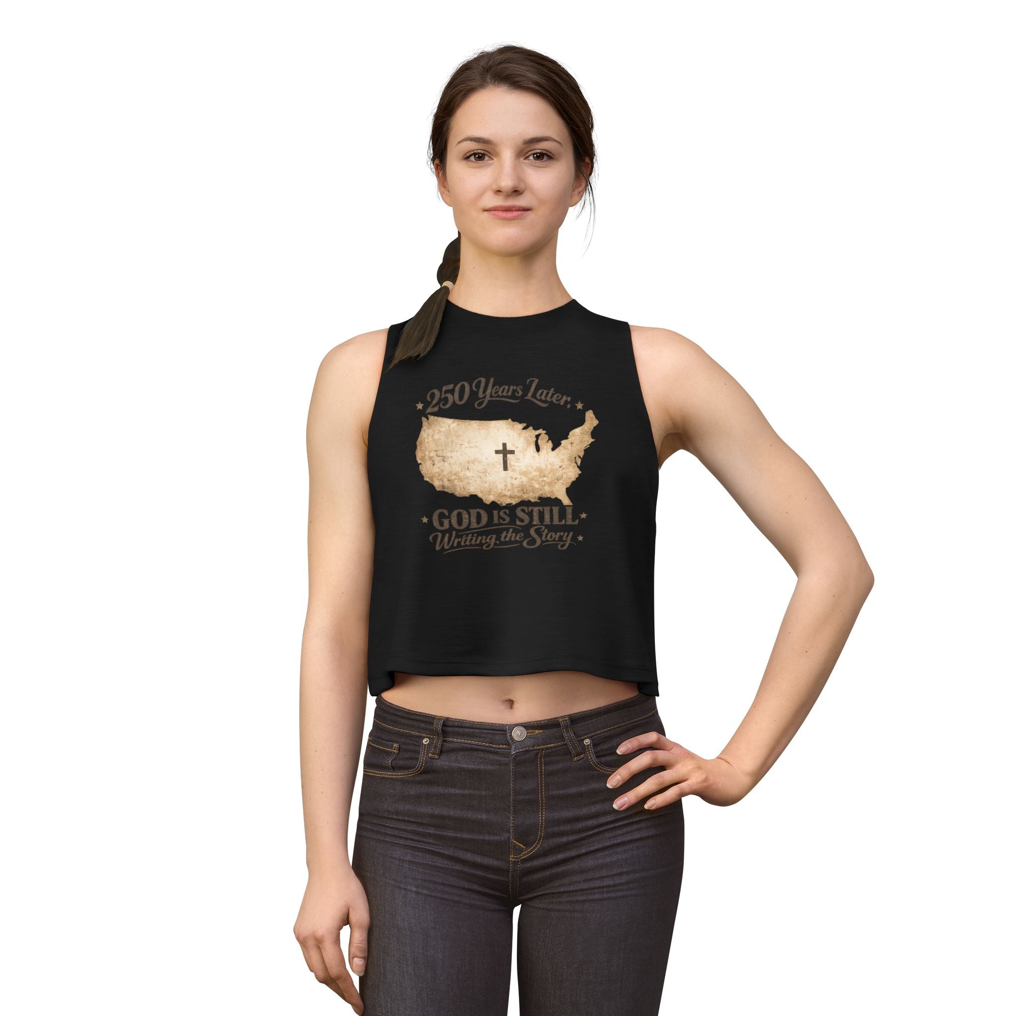 Christian Crop Top — "250 Years Later, God Is Still Writing the Story" USA Map Faith Tank